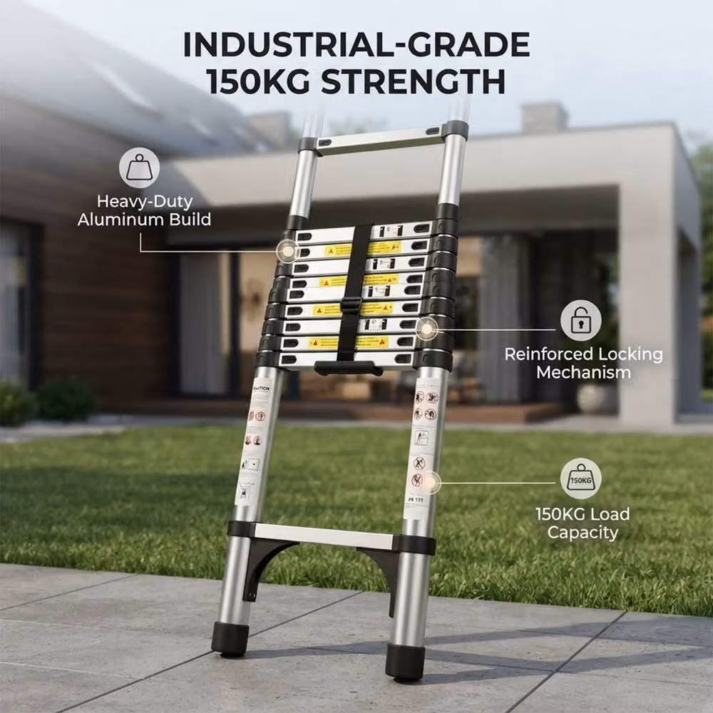 Alivio 3.8m Heavy Duty Telescopic Extension Ladder in Silver with 150kg Capacity – 3