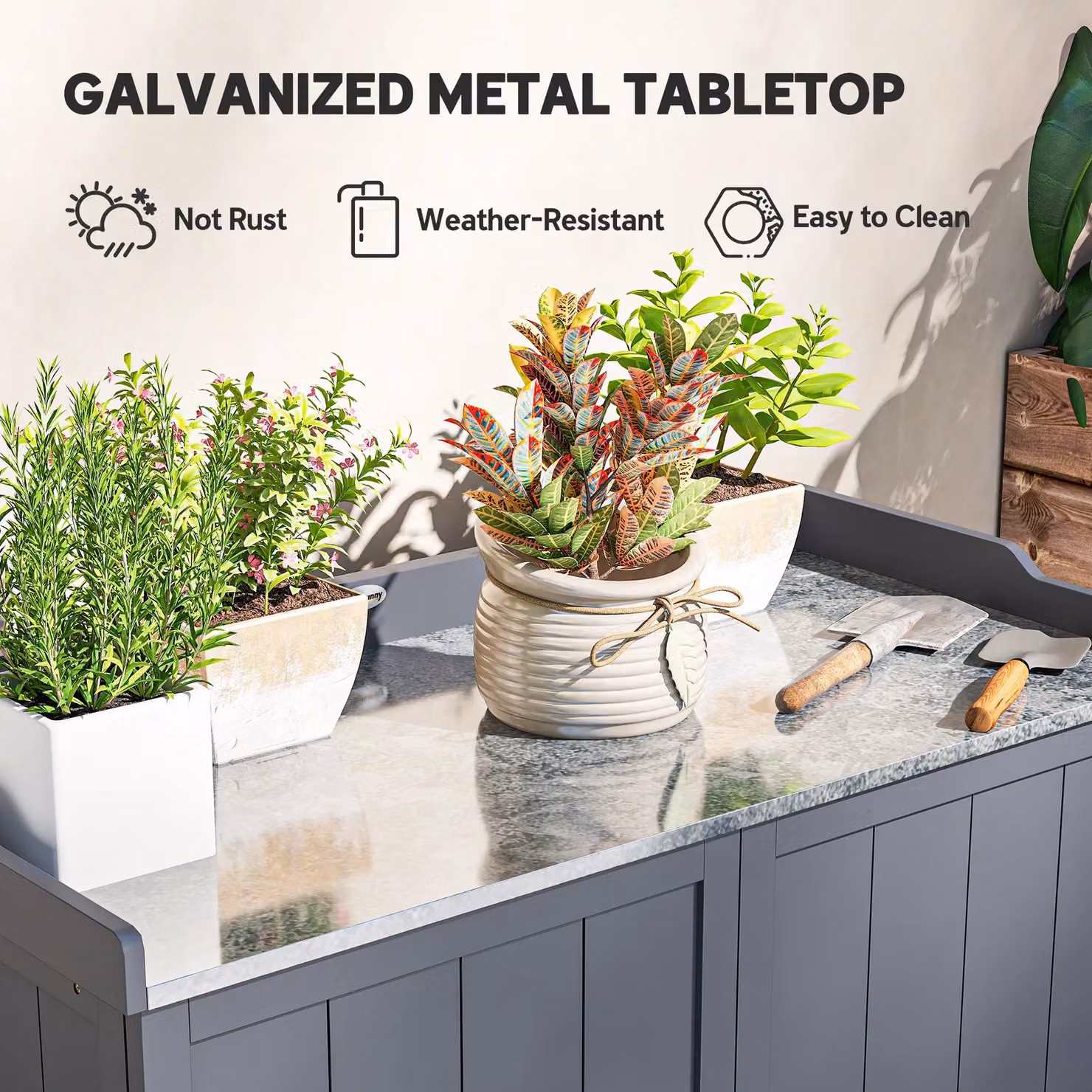OUTSUNNY Garden Storage Cabinet Potting Bench Table with Galvanised Top in Grey – 3