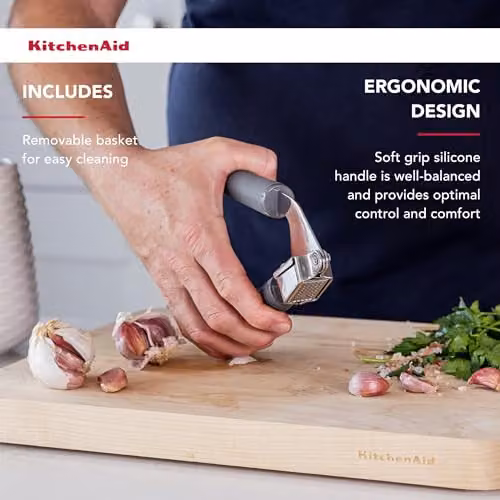 KitchenAid Soft Grip Stainless Steel Garlic Press in Grey with Ergonomic Grip and Dishwasher Safe Design – 4