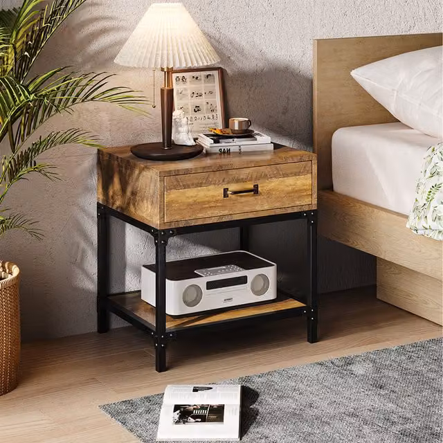 Livingandhome Retro Wood and Metal Bedside Table in Brown, Black and Bronze