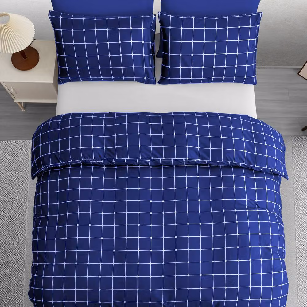 Pamposh Reversible Blue Checked Microfibre Duvet Cover Set, W/H: 180 x 200 cm – 4