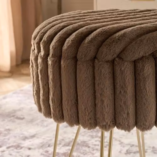 OHS Ribbed Faux Fur Vanity Stool with Gold Metal Legs and Removable Cover, Brown and Gold – 3