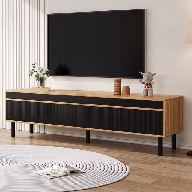 Aosom UK Elegant Striped TV Cabinet with 4 Doors and Wooden Legs in Black and Natural, W: 170 cm, D: 38 cm, H: 47 cm – 1