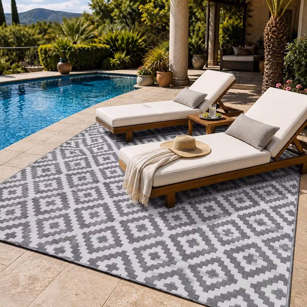 Simpa Geometric Outdoor Reversible UV Resistant Rug in Grey, W: 120 cm, D: 180 cm – 3