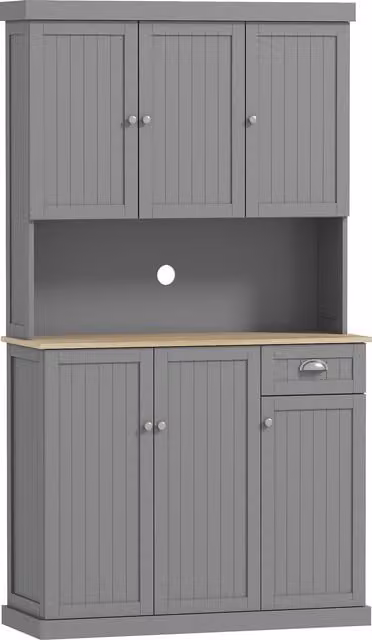 HOMCOM Modern Grey Kitchen Storage Cabinet with Open Countertop, Drawer and 6 Doors, Width: 180 cm