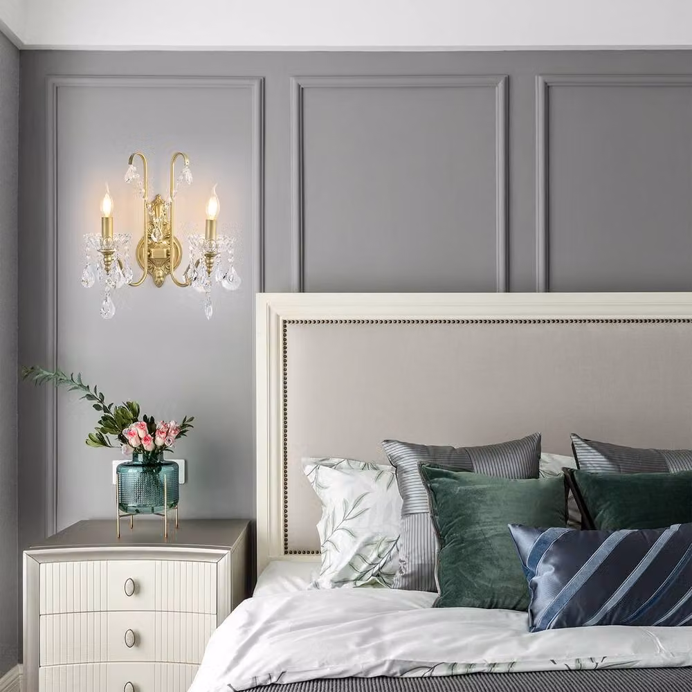 NIVOR 2 Light Crystal Wall Lamp in Gold with Transparent Accents for Hallway and Bedroom, E14 – 2