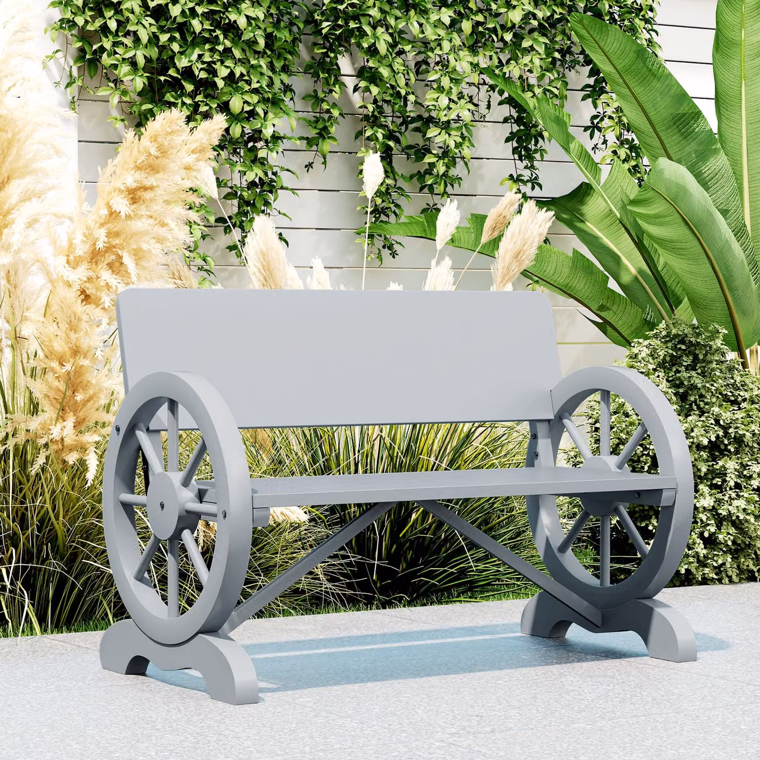 Outsunny Grey Fir Wood 2-Seater Outdoor Garden Wagon Wheel Bench with Armrests – 8