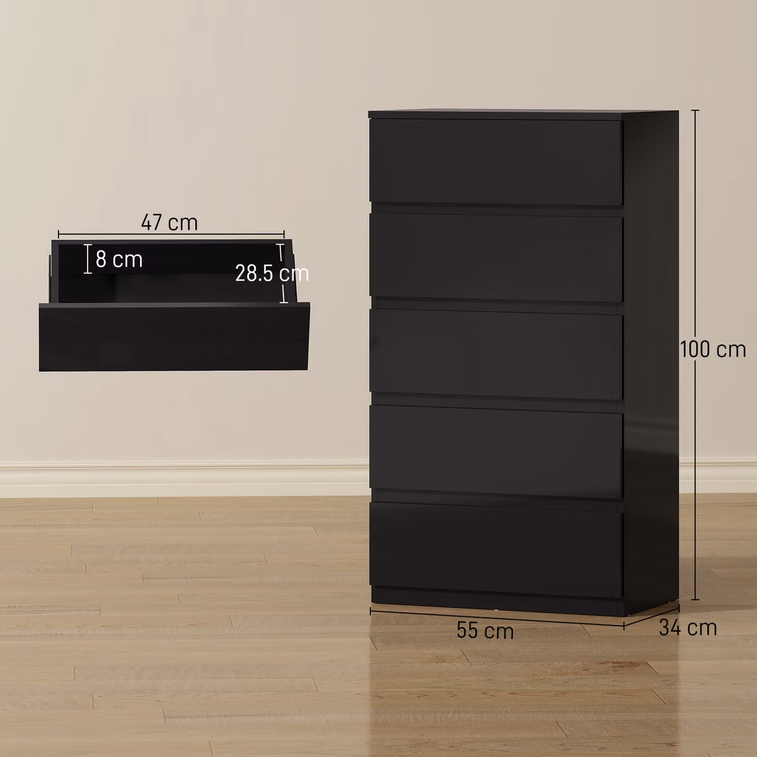 HOMCOM Modern 5-Drawer Chest of Drawers with Soft-Close Drawers in Black Glossy Finish – 2