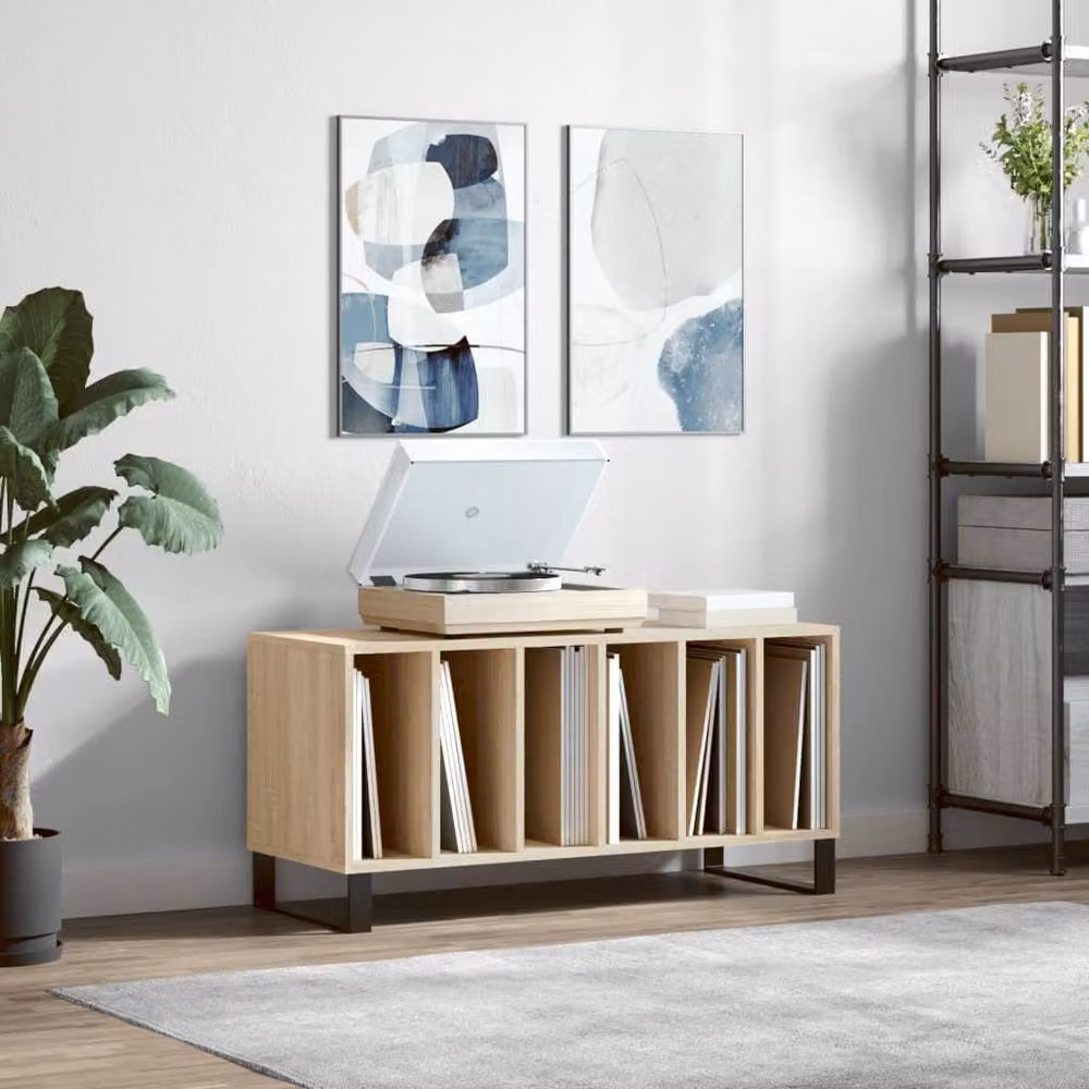 Berkfield Home Record Cabinet in Sonoma Oak and Beige, W/D/H: 100 x 38 x 48 cm – 2