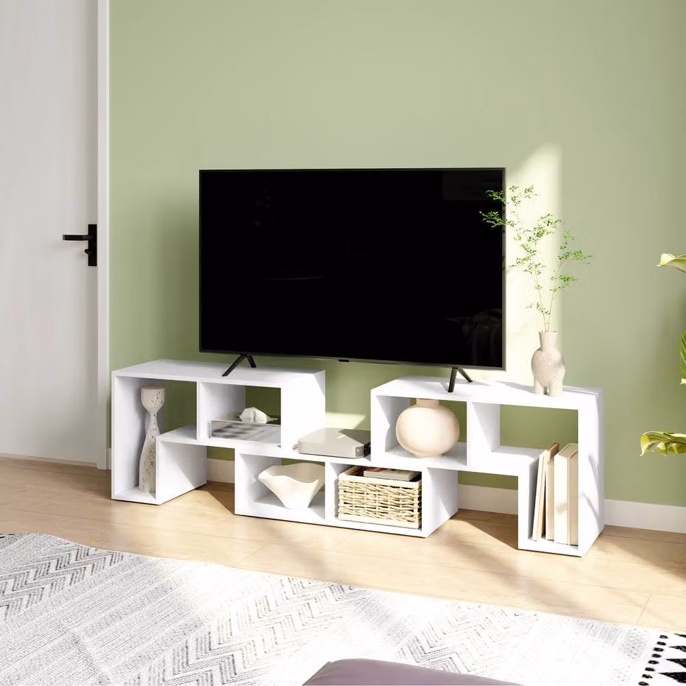 STILVORA Extendable Modern White TV Stand with 6 Media Compartments – 2
