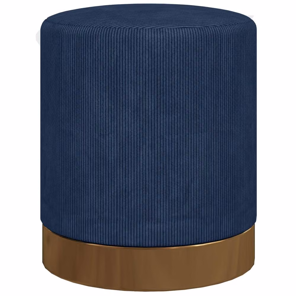 Wyld Haus Tamo Bala Dark Blue Corduroy Padded Cylindrical Footstool with Gold Accents, W/D/H: 40 x 40 x 45 cm – 2