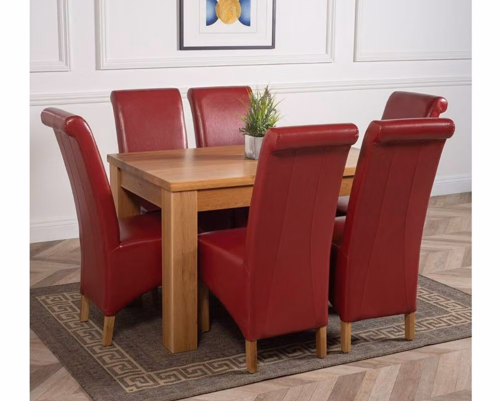 Oak Furniture King Dakota Oak Dining Table and 6 Montana Burgundy Leather Chairs Set, W: 127 cm, D: 82 cm, H: 77 cm – 3