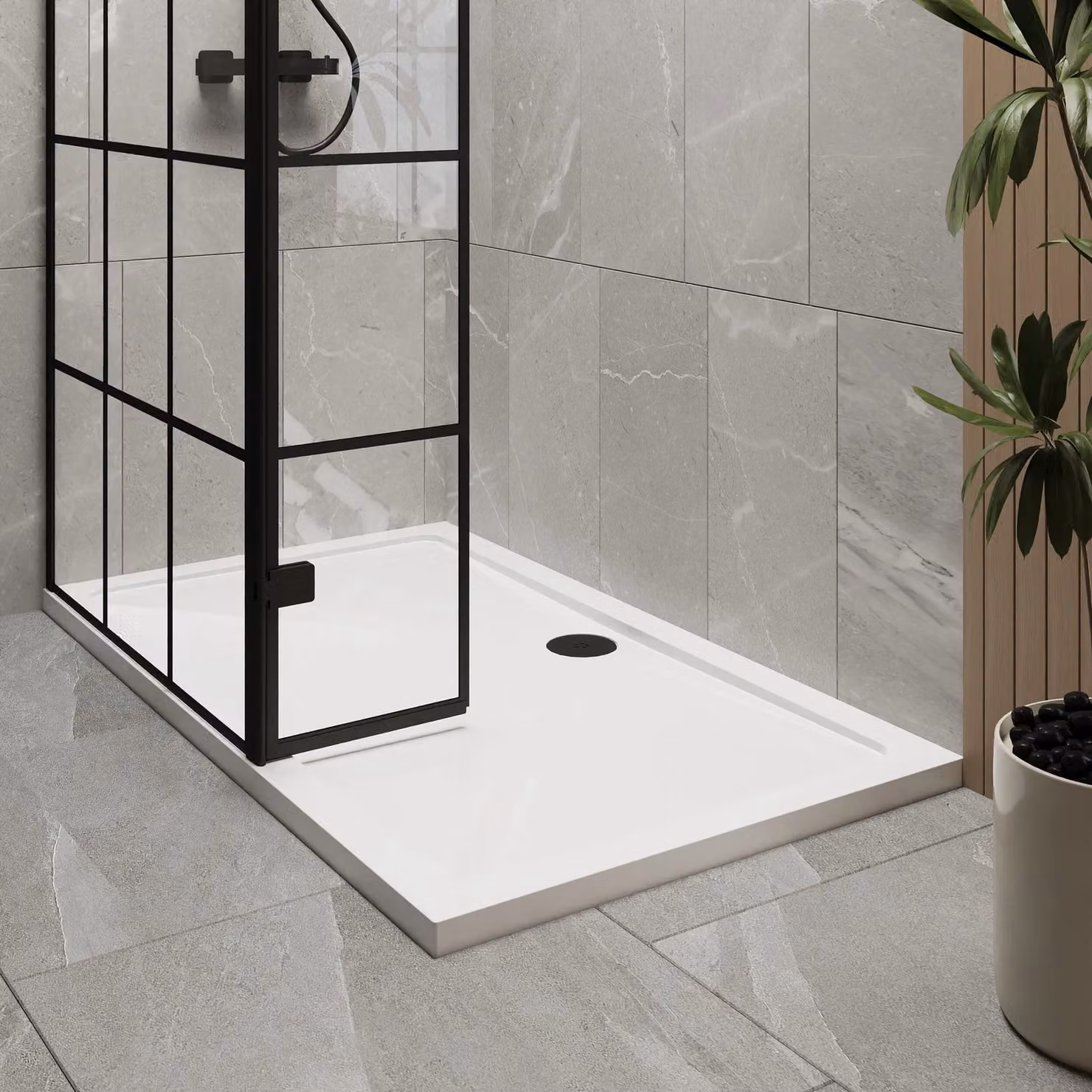 Balterley 8mm Glass Walk-In Wetroom Screen and Return with Tray, Black Framed, W/D/H: 1400 x 800 mm – 3