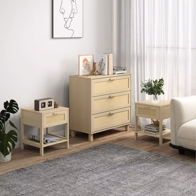 HOMCOM Boho Rattan Chest of Drawers and Nightstand Set in Brown and Beige Wood Finish