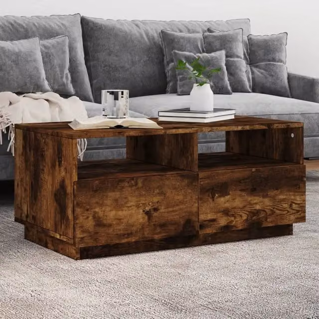 Berkfield Home Modern Coffee Table with LED Lights in Smoked Oak Brown, W/D/H: 90 x 49 x 40 cm – 1