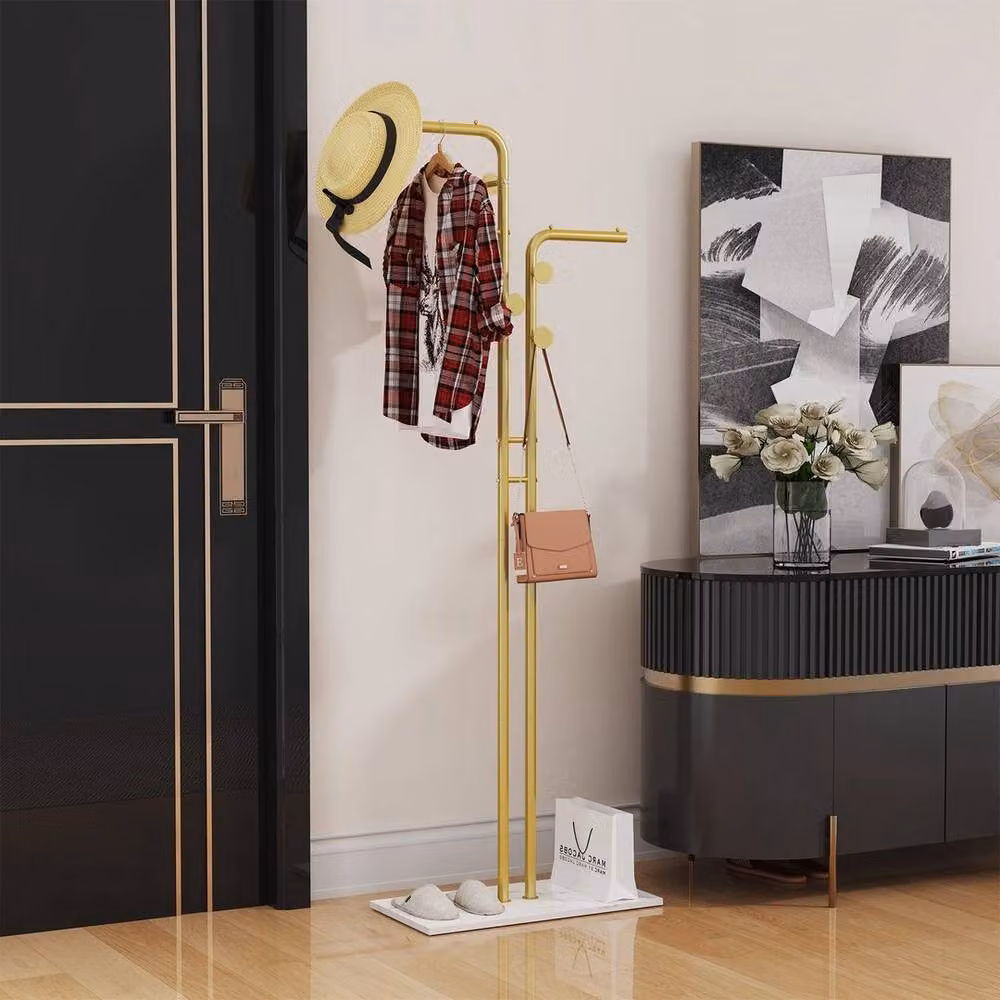 KORVIXA Gold Metal Freestanding Post Tree Hallway Clothes Stand with Dual Hook and Rail Matrix, Height: 90 cm – 4