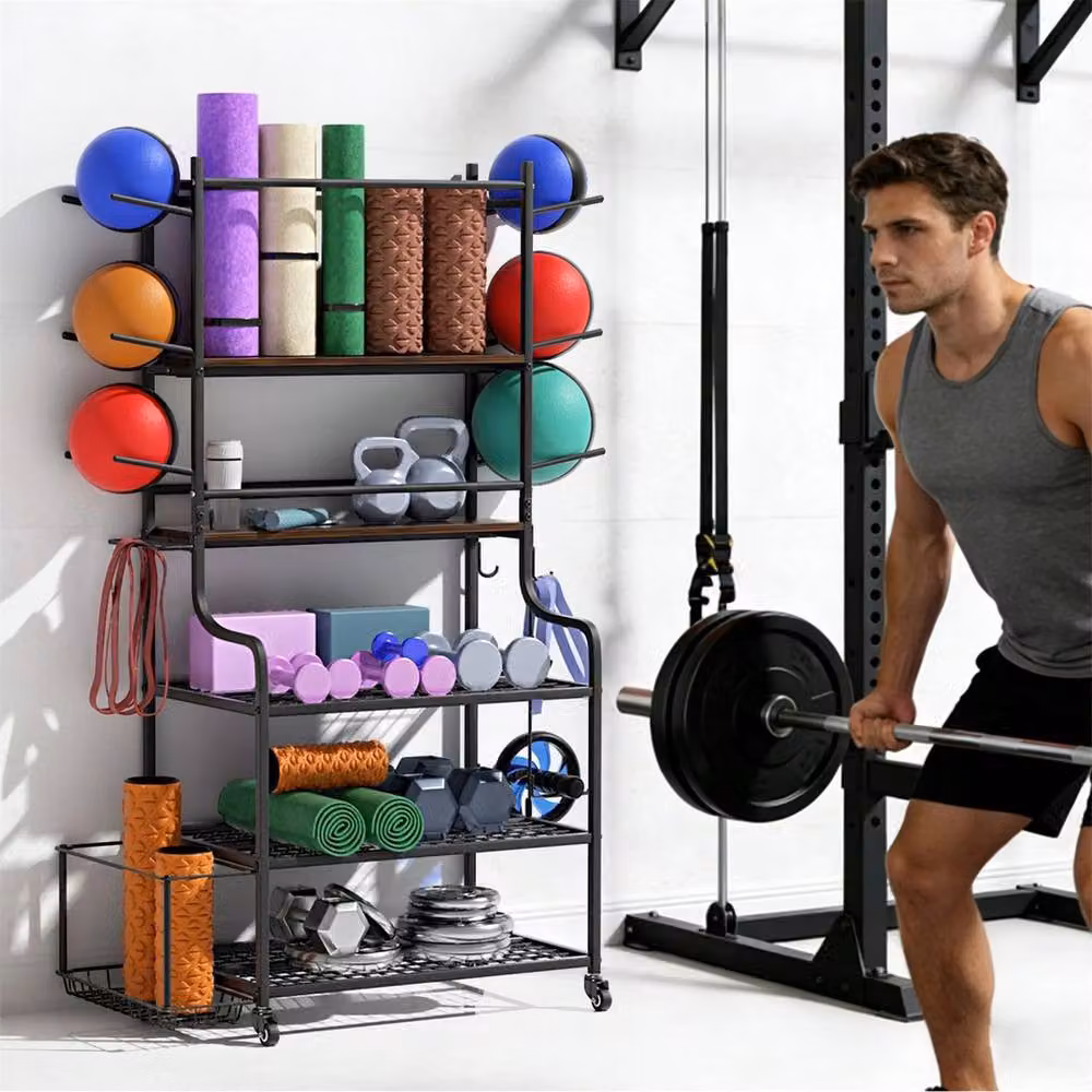 ERGOVEXA 5-Tier Sports Equipment Storage Rack and Dumbbell Stand with Side Hook in Black – 3