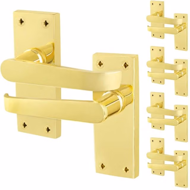 AFIT Polished Brass Door Handles with Latch, 5 Pairs of Gold Backplate Handles, W/D/H: 15 x 15 x 1.5 cm