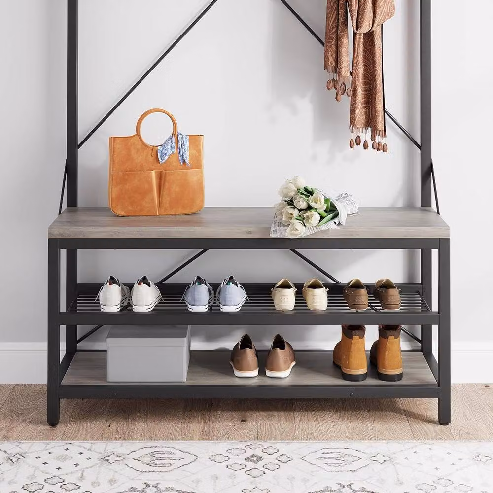 London Boutique Hall Tree Coat Rack with Shoe Bench and 8 Hooks, Grey, H 183 x W 136 x D 40 cm – 3