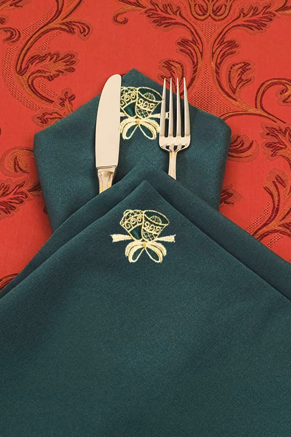 Neel Blue Christmas Table Napkins with Jingle Bell Embroidery, Blue, Green and Gold, 10 Pack – 7