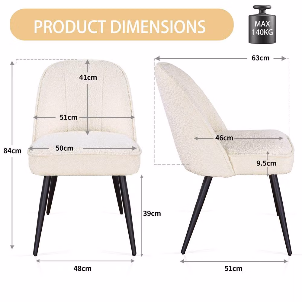 SONARA Set of 2 Modern Bouclé Fabric Dining Chairs with Metal Legs in White and Black – 2