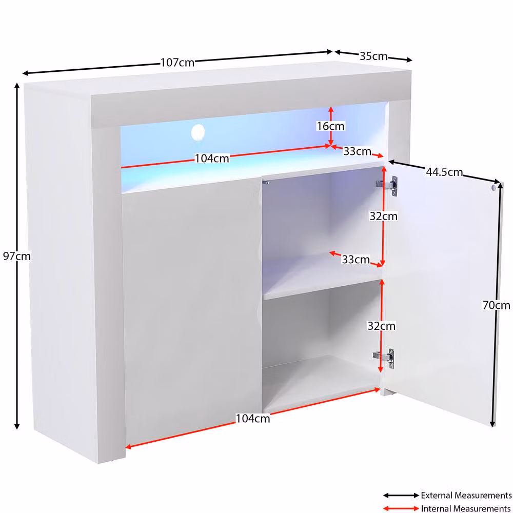 HD Designs Nova 2 Door LED Sideboard Cabinet in White, W/D/H: 107 x 97 x 35 cm – 2