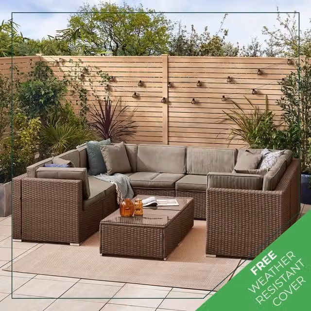 FurnitureboxUK Orlando 8 Seater Modular Rattan L-Shape Garden Sofa Set with Coffee Table, Brown