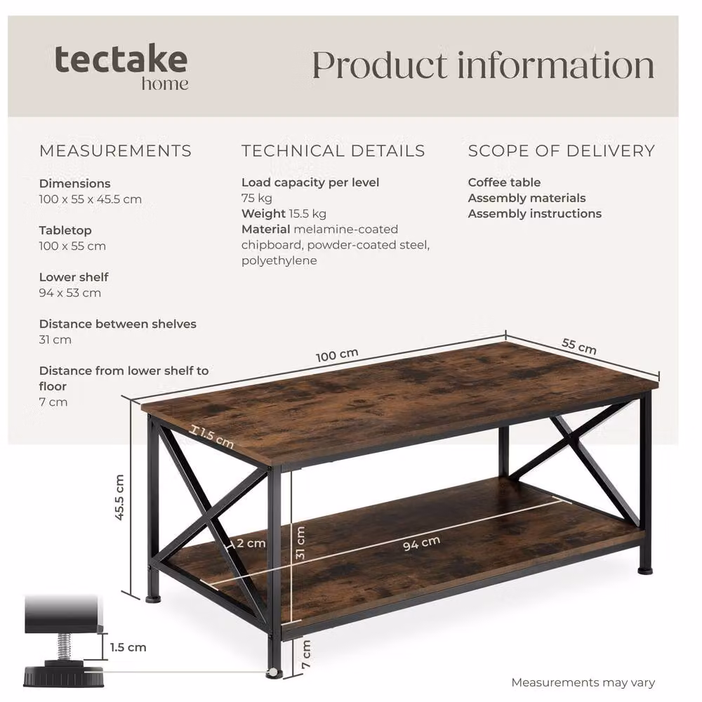 tectake Pittsburgh Rectangular Coffee Table with Storage Shelf in Brown and Grey – 6
