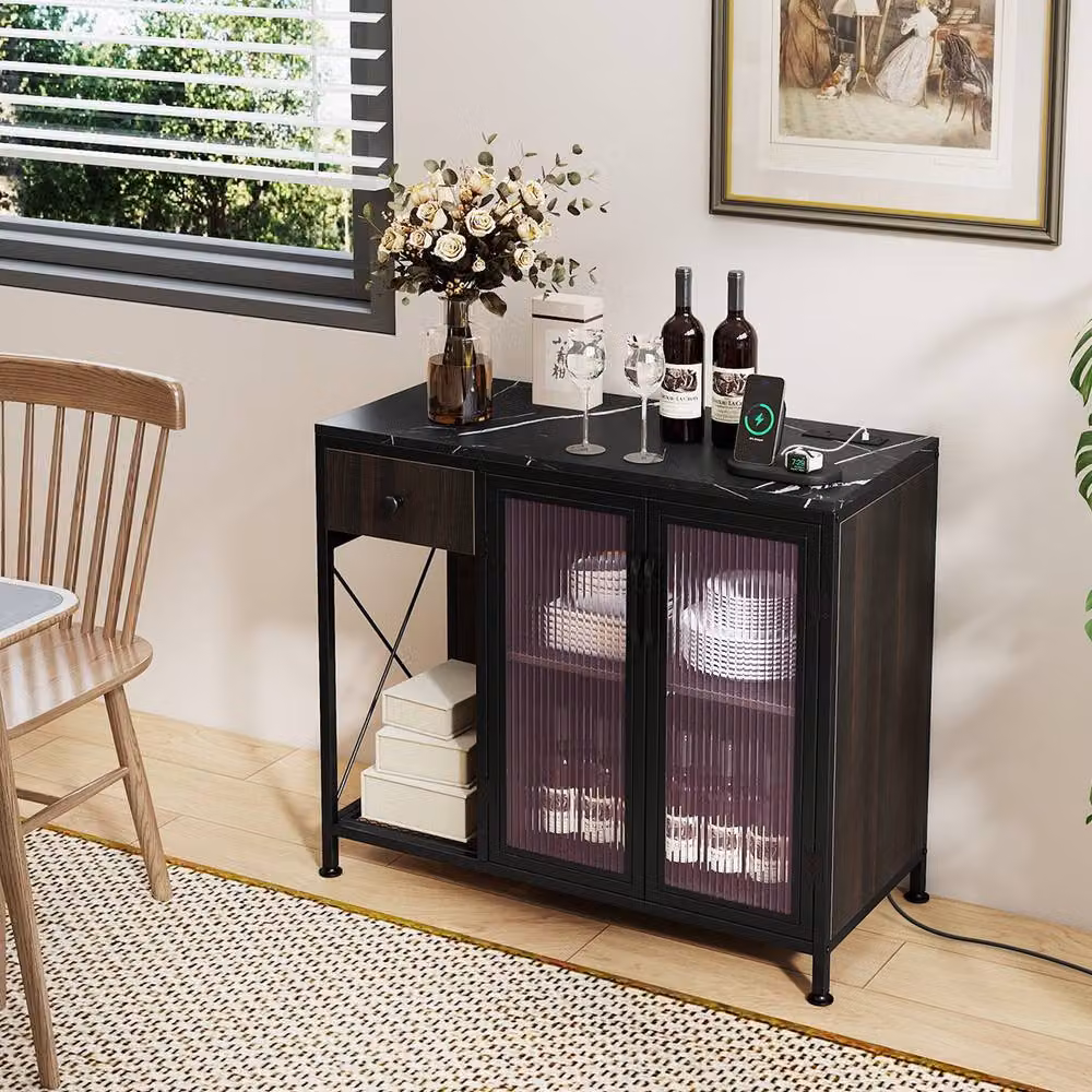 Gymax Black Buffet Sideboard with Integrated LED Lighting and Power Outlets – 3