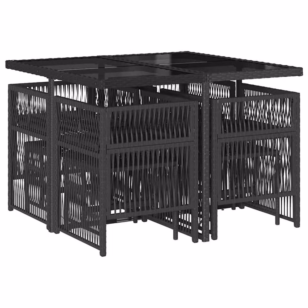 Berkfield Home 9 Piece Black Poly Rattan Garden Dining Set with Glass Tabletop and Cushions – 2