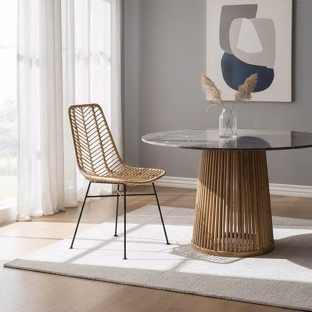 Orsina Hand-woven Brown Rattan Dining Chair with Black Metal Legs