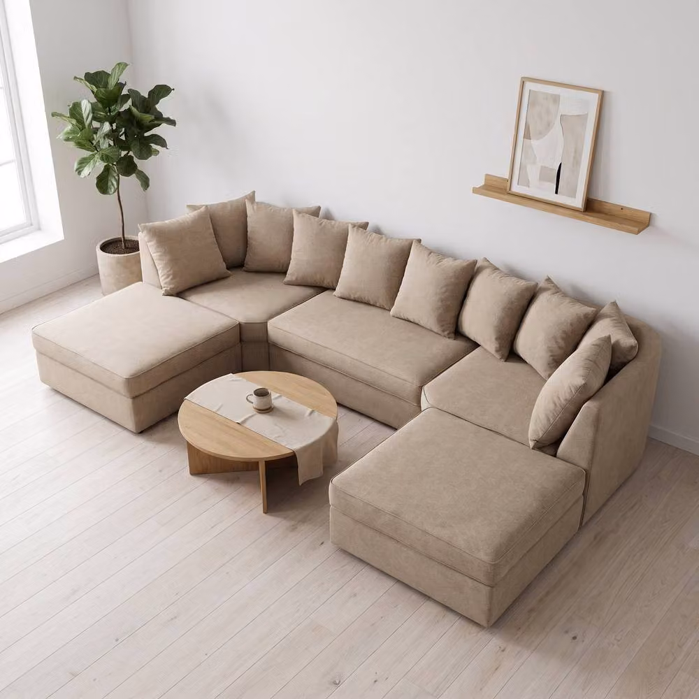 Abakus Direct Verona U-shape Corner Sofa in Beige Linen Fabric with Matching Ottoman and Scatter Cushions – 2