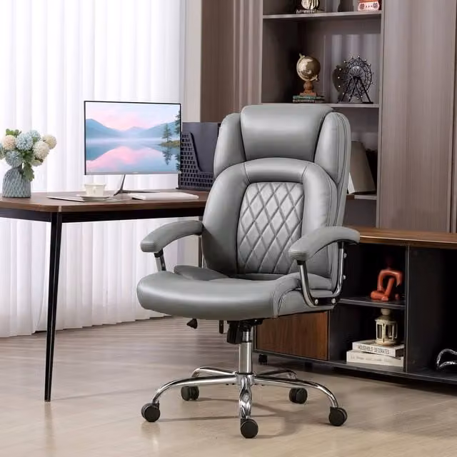 HOMCOM Grey High Back Office Task Chair with Headrest and Armrests, 180kg Capacity – 1