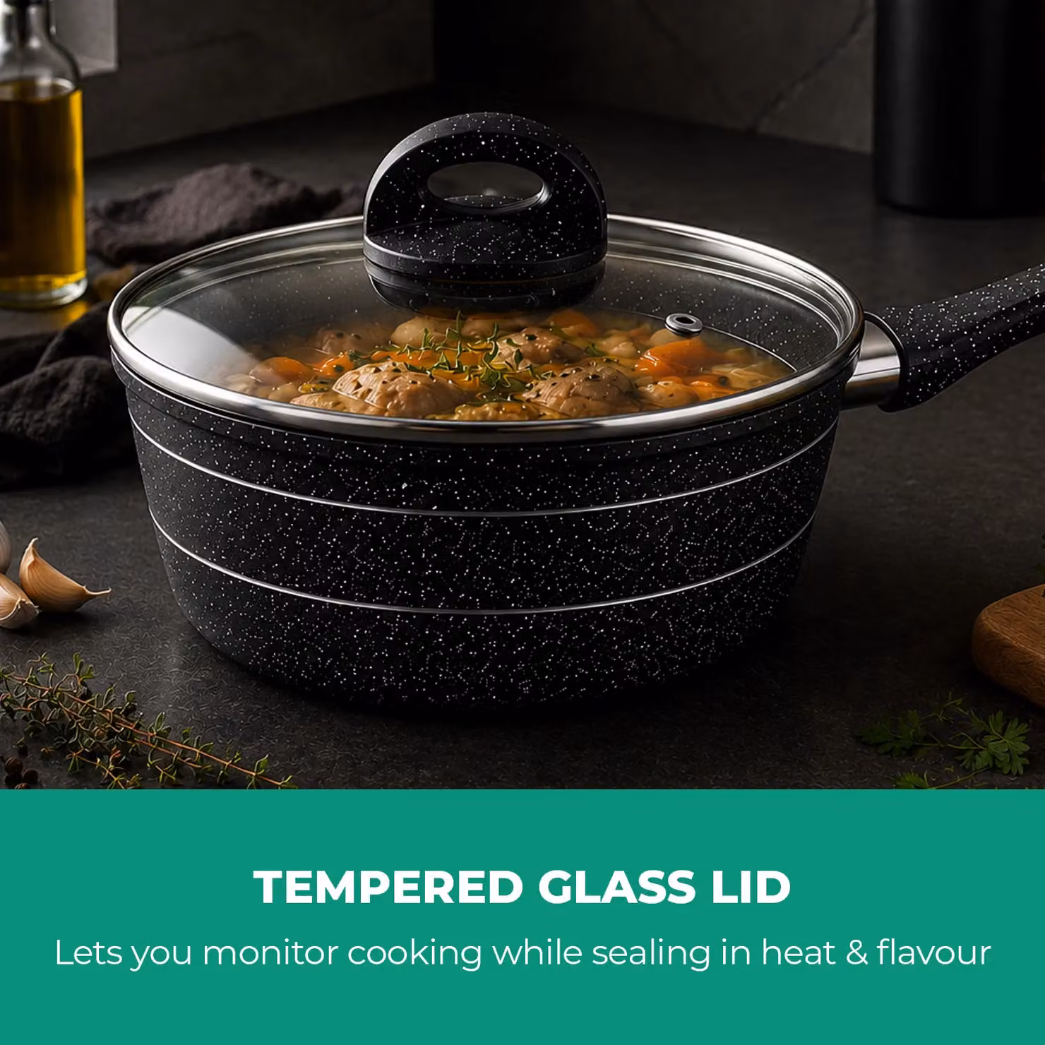 Royalford Non-Stick Granite Coating Multipurpose Saucepan with Glass Lid, Black, 20cm – 3