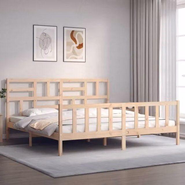 Berkfield Home Beautiful Solid Wood Bed Frame with Headboard, Beige, W/D/H: 180 x 104 x 185.5 cm