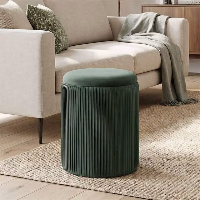 EONLION Round Storage Ottoman in Dark Green with Removable Cover, Diameter: 100 cm