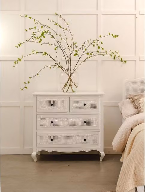 Louis French 2 over 2 Chest of Drawers in White Oak and Rattan