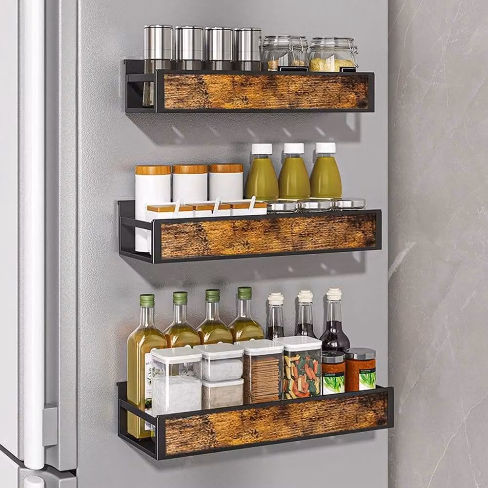 Havendro 3-Piece Rustic Wood and Metal Wall Mounted Spice Rack and Kitchen Storage Shelf in Black and Multicolour – 3