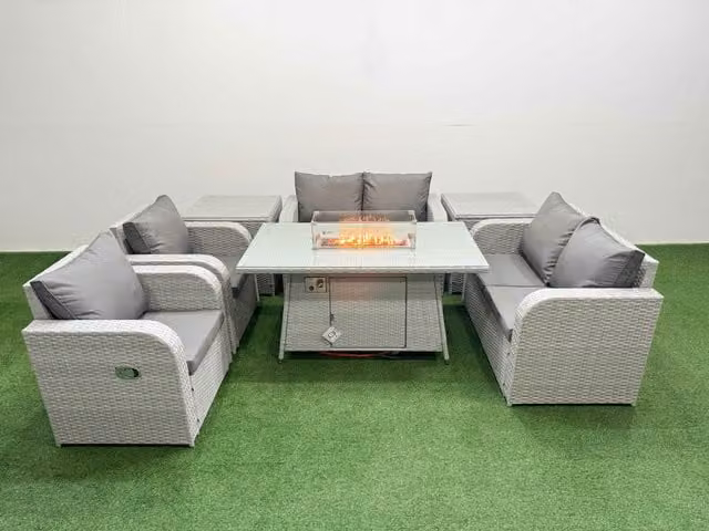 Fimous 6 Seater Rattan Garden Furniture Set with Reclining Love Sofa, Firepit Dining Table and 2 Side Tables in Light Grey