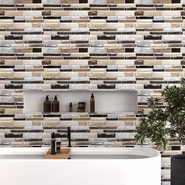 Walplus Brown Stone Look Glossy Mosaic Geometric Stick on Tile Stickers