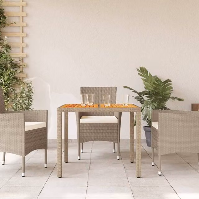 Berkfield Home Beige Poly Rattan Square Garden Table with Acacia Wood W/D/H: 90 x 90 x 75 cm