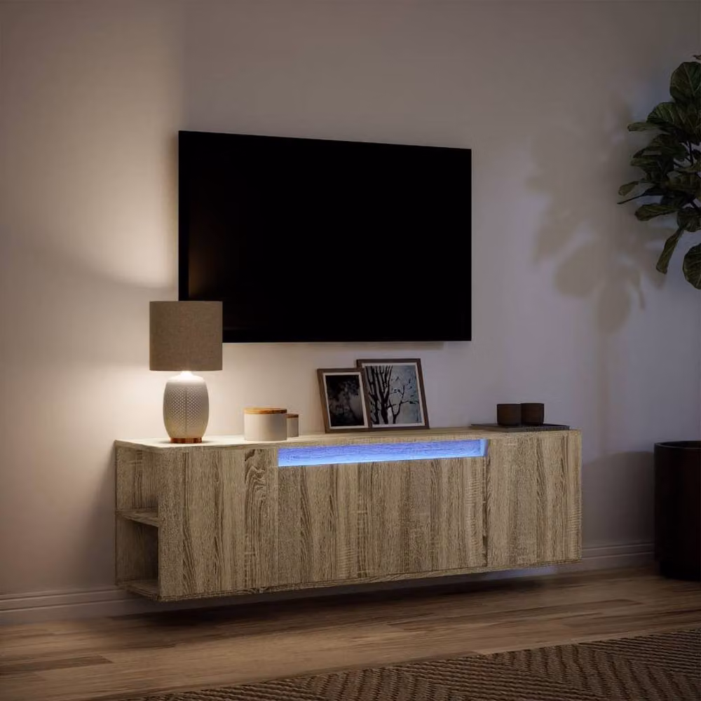 Berkfield Home TV Wall Cabinet with LED Lights in Sonoma Oak and Light Tan, W: 135 cm, D: 31 cm, H: 39.5 cm – 4