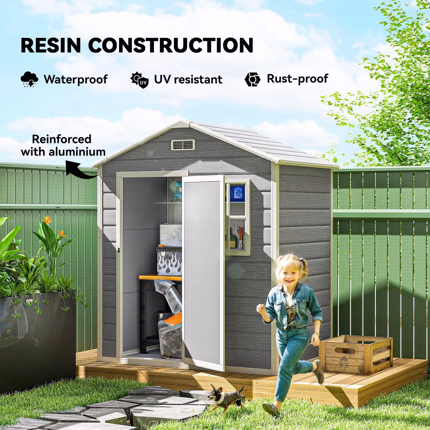OUTSUNNY Grey Resin Garden Shed with Floor, Window and Side Vent, W: 182 cm, D: 121 cm, H: 200 cm – 4