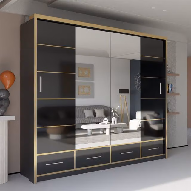 Sliding Wardrobes 4 u Heaven Black High Gloss Mirror Sliding Door Wardrobes, Width: 203 cm