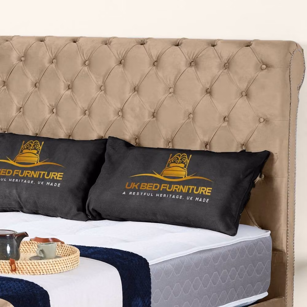 UK Bed Furniture Chesterfield Sleigh Ottoman Bed in Beige, Super King Size – 2