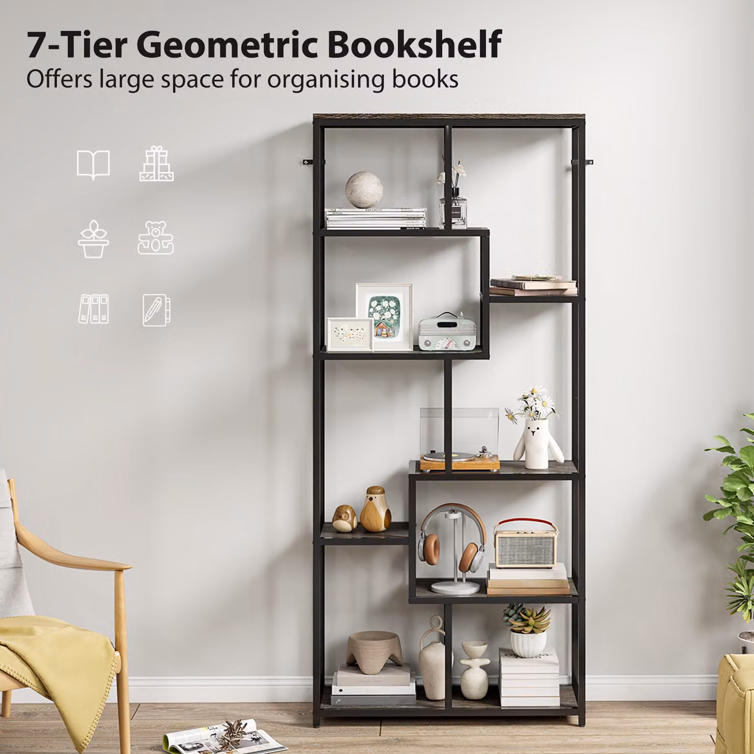 HOMCOM Seven-Tier Geometric Metal Bookcase in Grey and Black – 3