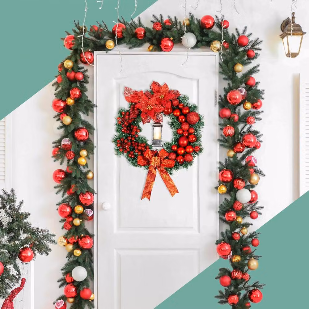 Globrite Red Christmas Wreath with Bows, Baubles and Lantern, Diameter: 40 cm – 4