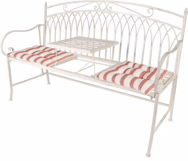 Dibor Vintage Large Arched Metal Garden Companion Seat Bench in Cream with 2 Red Seat Cushions