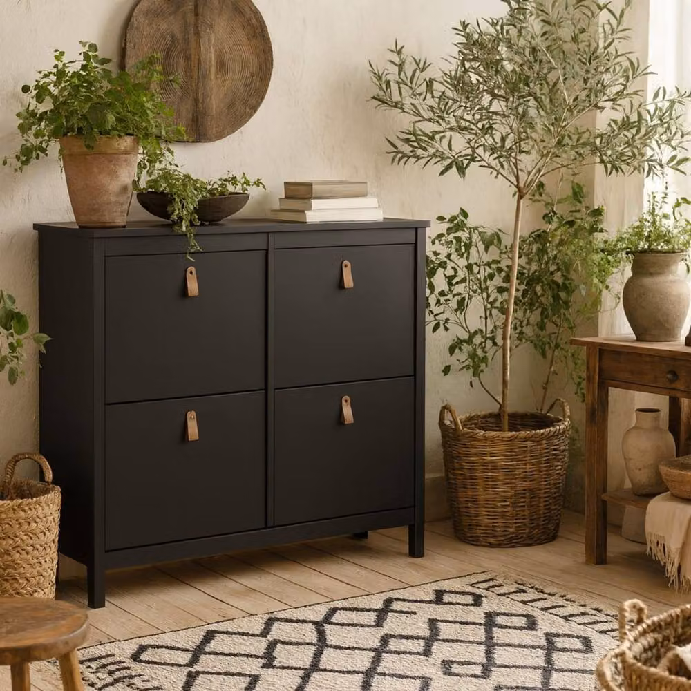 Wyld Haus Wyldberry Matt Black Shoe Cabinet with 4 Tilting Compartments and Leather Handles – 2