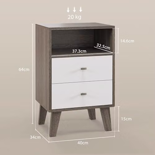 HOMCOM Set of 2 Modern Bedside Tables with 2 Drawers in Grey and White, W/D/H: 40 x 34 x 64 cm – 3